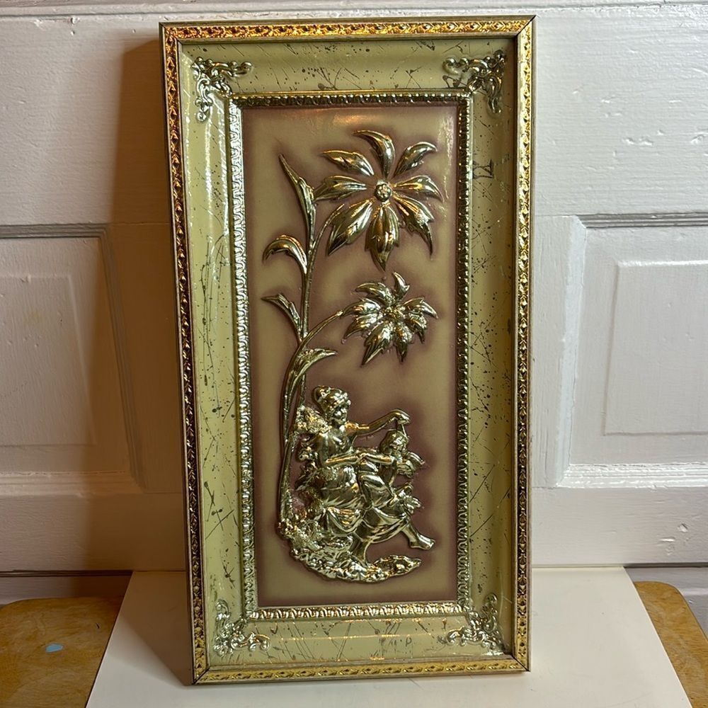Vintage 1950s MCM Wall Decor Winter Fairies Pink Background and Gold Tone Frame